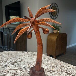 Real Wood Hand Carved Palm Tree Approx. 19" Tall 2 Coconuts 12 Palm Leaves